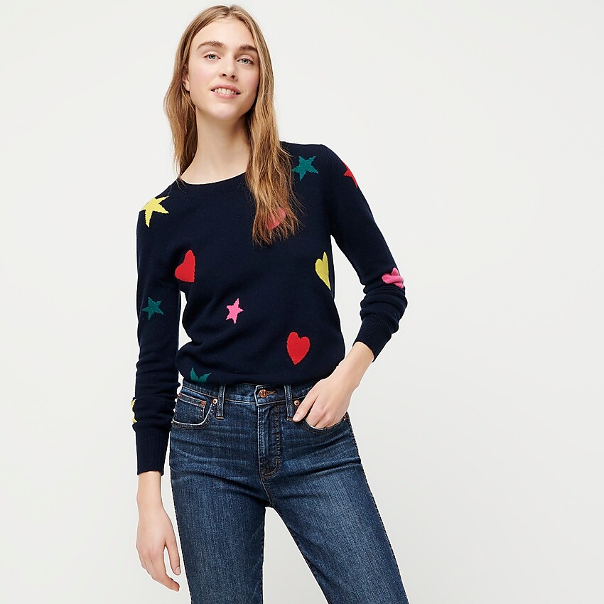 J.Crew Everyday cashmere crewneck sweater hearts NavyMulti Color