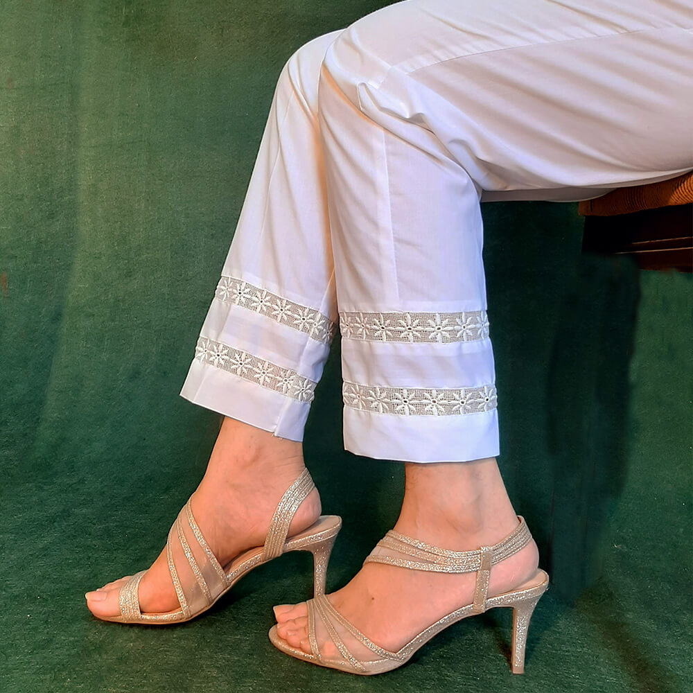 Laces Embellished Cotton Trouser White Price in Pakistan